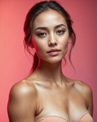 Naklejka premium Professional beauty photography image featuring a young Latina model with highlighted hair, extreme makeup and hairstyle, in a Victoria Secret set.
