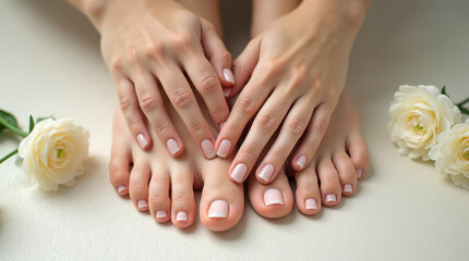 Nail polish - Beautifully manicured hands and pedicured feet with delicate flowers, elegant nail care concept.