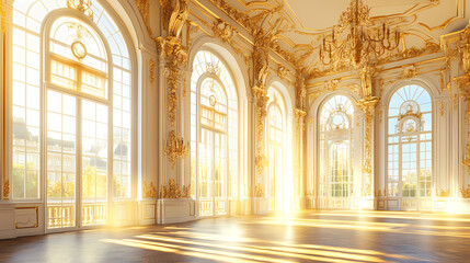 Obraz premium A grand, luxurious ballroom with large windows, ornate gold detailing, and sunlight streaming through. Ornate Palace Interior. Illustration