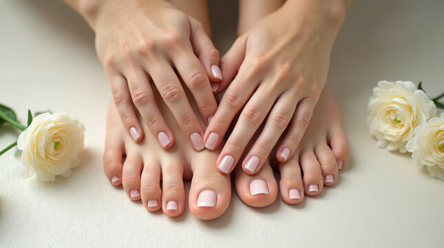 Nail polish - Beautifully manicured hands and pedicured feet with delicate flowers, elegant nail care concept