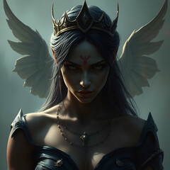 Dark and shrouded mighty Goddess woman wearing crown and wing headdress 