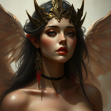 Goddess wearing a golden dulled crown with white wings 