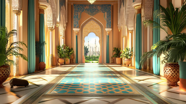 Arabic muslim moroco african palace house interior luxury style. adventure vacation architecture design vibe. graphic art. Ornate Palace Interior. Illustration