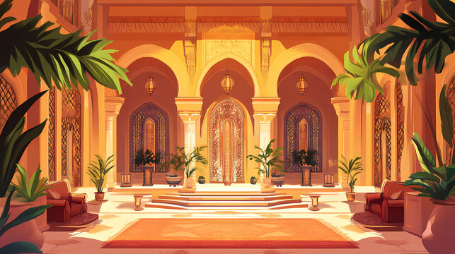 Arabic muslim moroco african palace house interior luxury style. adventure vacation architecture design vibe. graphic art. Ornate Palace Interior. Illustration
