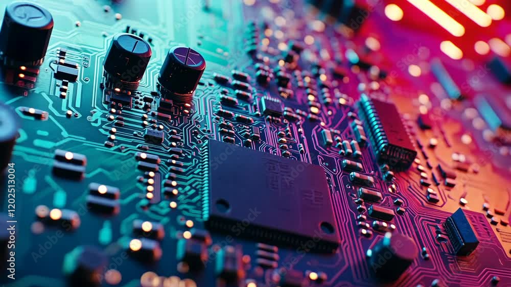 Poster close-up view of a colorful circuit board showcasing intricate electronic components and connections