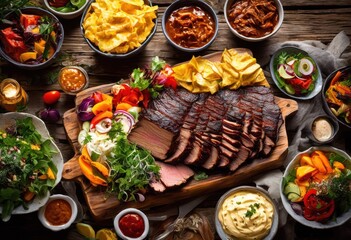 delicious smoky bbq brisket platter accompanied vibrantly colorful sides including tasty condiments perfect any gathering, appetizers, baked, barbecue, beans