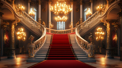 Obraz premium Elegant grand staircase with red carpet in opulent palace interior featuring ornate chandeliers and intricate architectural details. Ornate Palace Interior. Illustration