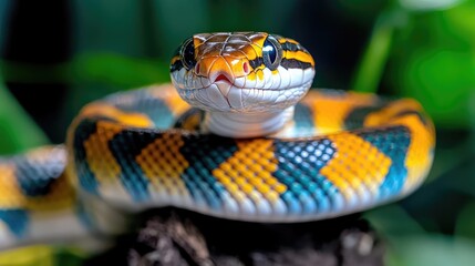 Obraz premium Colorful snake portrait, jungle background, wildlife closeup