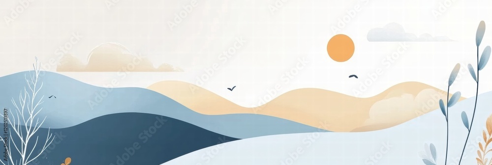 Poster Creative planner layout featuring abstract nature elements with sun, clouds, and mountains for daily organization. Generative AI