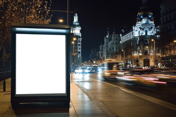 Night shot of a luminous advertising lightbox or display at a bus stop in Barcelona, Spain 
