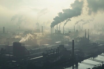Industrial cityscape enveloped in thick smog, emphasizing environmental challenges and the dramatic contrast of nature and urbanization.