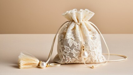Elegant lace bonbonniere pouch with pearl and tassel details, perfect for weddings.