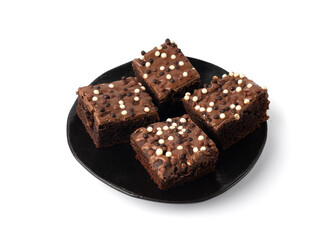 Chocolate brownie cake sprinkled with white and dark balls, classic birthday brownie square piece