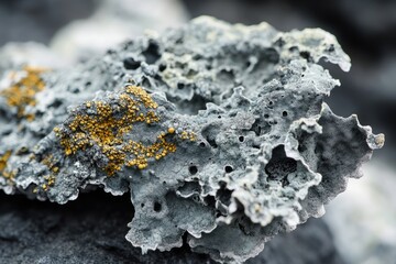 Obraz premium Close-up of a gray lichen with yellow spots growing on dark rock.