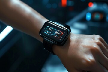 Close-up view of a sleek smartwatch strapped to a wrist, displaying health metrics and reflecting the integration of modern technology into daily life.