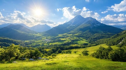 Sunny mountain valley landscape, green fields, village, travel postcard
