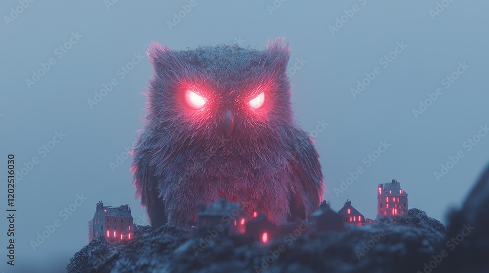 Canvas Prints a close-up of an owl on a hill with a red light in its eyes and a building in the background, viewed