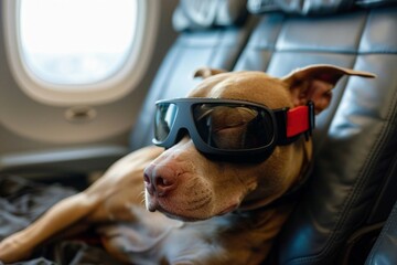 Relaxed dog wearing modern black sunglasses and sitting comfortably, radiating a playful and stylish personality during an airplane journey.