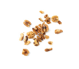 Chopped wallnut , broken roasted walnuts powder, heap of nuts crumbs, whole kernel pieces