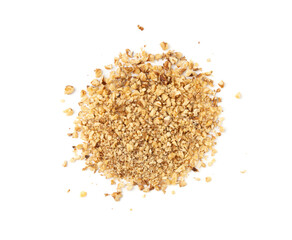 Grated wallnut , broken roasted walnuts, heap of nuts crumbs, whole kernel pieces, fractions