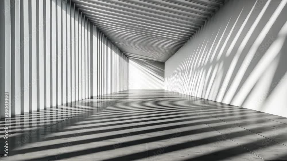 Poster shadows create a striking pattern in a minimalist corridor filled with light