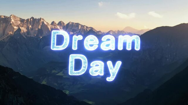 A mountain range with a blue word that says Dream Day. The word is in white letters. The mountains are in the background