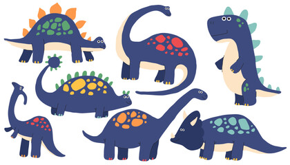 Dinosaur cute vector set. Dino prehistoric animals like pterosaur and stegosaurus, brachiosaurus and pterosaur. Flat isolated illustration.