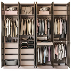 Stylish wardrobe, organized, hanging clothes and accessories, modern design, copy space