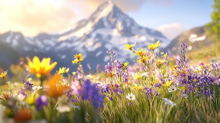 Obraz premium In front of a snow-capped mountain lies a field of wildflowers and daisies