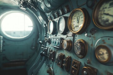 Vintage control panel with numerous gauges and switches, suggesting a historical vehicle or machinery.