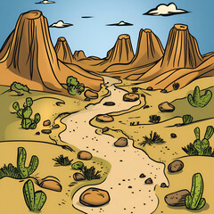 Desert landscape illustration, vibrant, rocky mountains and cacti, blue sky background, copy space