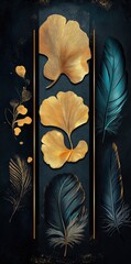 Ginkgo Leaf Feather Wood Panel Oil Painting, Gold Teal Blue Nature Artwork, Modern Home Decor, Contemporary Office Hotel Business Wall Art