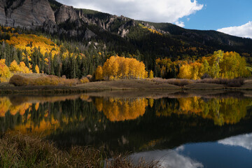 USA, Colorado, Uncompahgre National Forest. Mountain and forest reflected in lake.