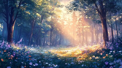 Enchanted forest with sunlight streaming through trees, illuminating colorful wildflowers