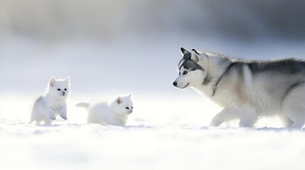 Naklejka premium A husky dog leads two puppies through snow, with a hazy white background