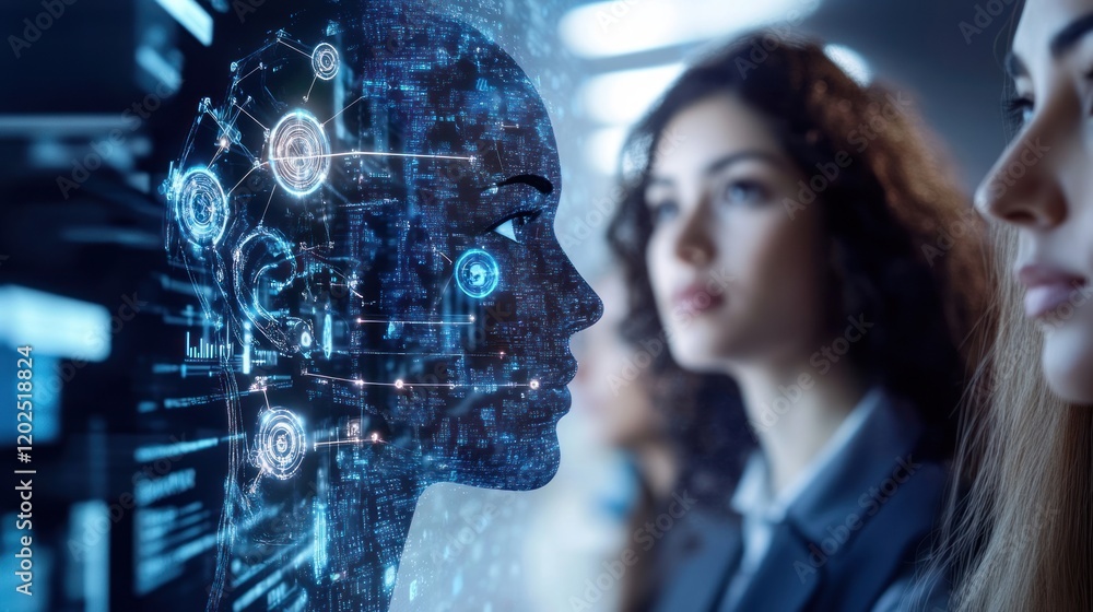 Aufkleber technological interface with human figures showing data communication and future possibilities