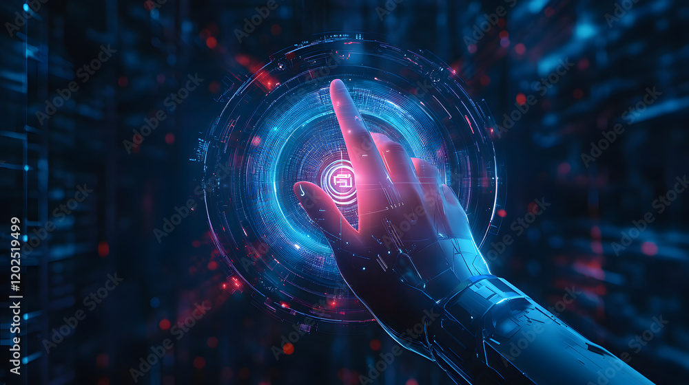 Poster hand touch digital hud interface futuristic technology background of virtual computer screen display