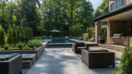 High-end residential design with outdoor entertainment areas, including a pool and patio