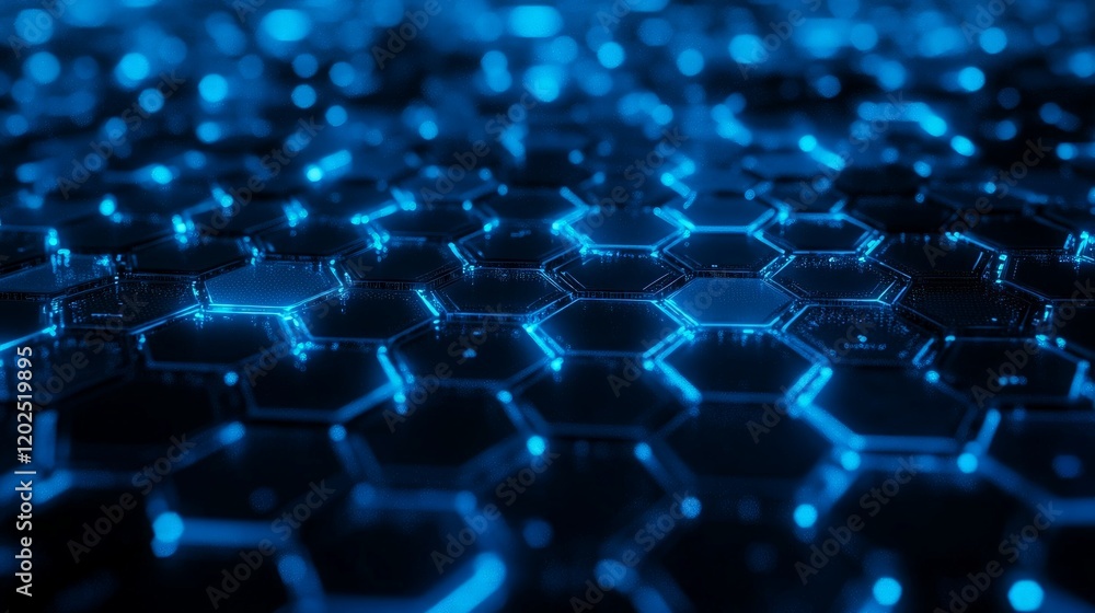 Wall mural high-tech blue circuit background with hexagons in 3d perspective