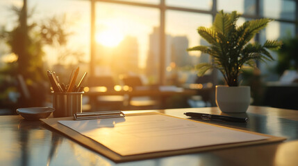 A clipboard with to-do squares and a blurred background symbolizing productivity, focus, and organization with an empty space for captions representing potential amidst chaos


