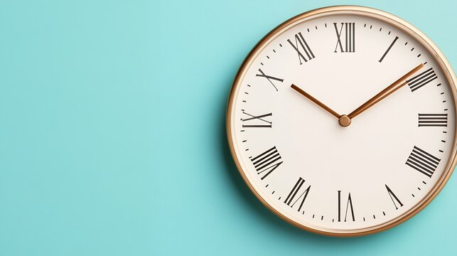 A stylish gold-framed clock with Roman numerals displays the time against a pastel blue background