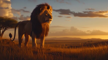 Majestic lion stands proud at African sunset