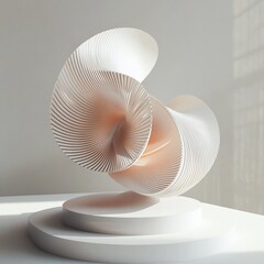 Abstract white sculpture with swirling, layered forms on a minimalist base.