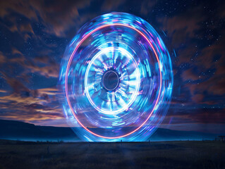 A glowing Ferris wheel in motion, captured with long exposure to create vibrant circular light trails against a dark night sky.