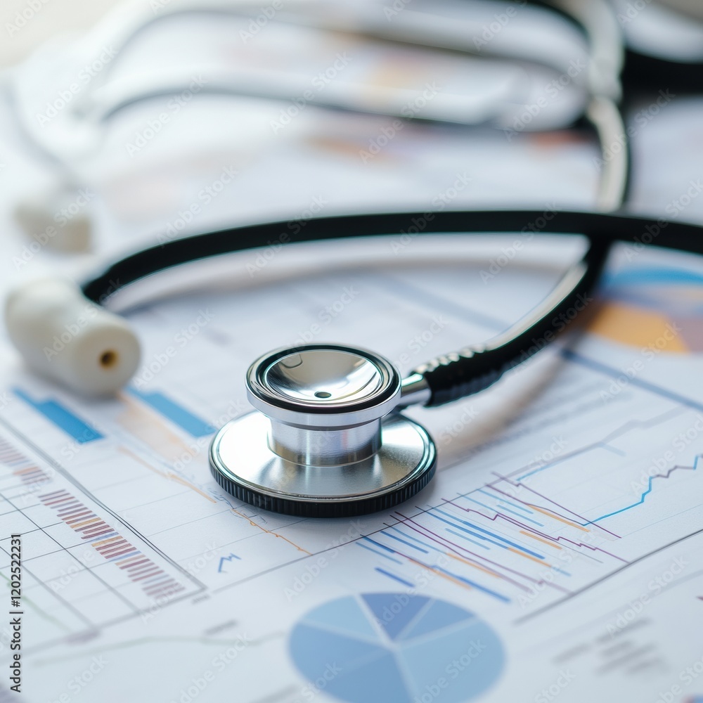 Poster stethoscope resting on financial charts during a medical assessment in an office setting. generative