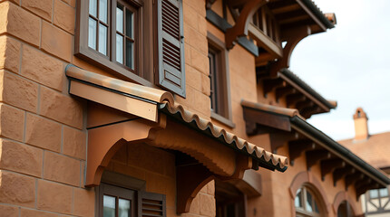 Captivating Architectural Details: Brown Brick House with Unique Roof Design and Wooden Shutters