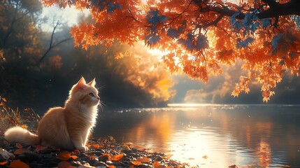 Fluffy cat autumn riverbank sunset serenity nature