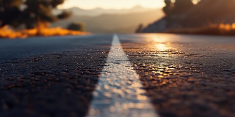 Close-up of textured asphalt road with dashed line