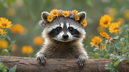 Obraz premium A raccoon wearing a floral crown sat on a log amidst a field of vibrant flowers