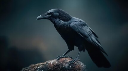 Fototapeta premium Black raven perched on a weathered branch against a dark, misty background during twilight.